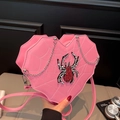Pink heart-shaped crossbody bag with white spider web stitching and rhinestone spider - Spider Pink