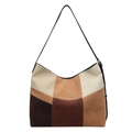Bolso tote grande de retazos en tonos tierra con correas finas de cuero negro para mujer - Marrón