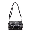 Chic black shiny leather pillow bag with silver metal zippers and punk motorcycle style - Black