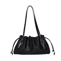 Minimalist black lychee texture bucket bag with drawstring and cute bear charm - Black