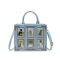 Light blue faux leather tote bag featuring artistic tarot cat prints and crossbody strap - Blue