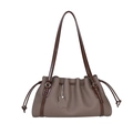 Brown pleated leather bucket bag with contrasting strap and flower charm pendant - Khaki