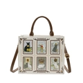 Bolso tote bohemio blanco con estampados de gatos tarot, asas marrones y remaches - Blanco