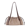 Khaki drawstring bucket bag with dark brown strap and cute bear charm detail - Beige