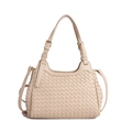 Borsa a secchiello beige intrecciata con fibbia dorata e tracolla regolabile chic - Bianco