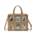 Bolso tote crema retro con ilustraciones de tarot de gatos vintage y remaches decorativos - Caqui