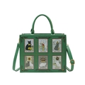 Vintage green tote bag featuring cat tarot prints and gold rivets with shoulder strap - Green