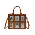 Brown vintage tote bag featuring artistic cat tarot card prints and detachable strap - Brown