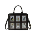 Black bohemian tote bag featuring feline tarot card prints with adjustable strap - Black
