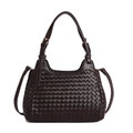 Dark brown woven tote bag with adjustable strap and polished gold hardware detail - Brown