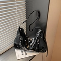Chic black shiny leather hobo bag with silver studs and adjustable shoulder strap - Black