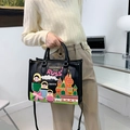 Borsa tote in pelle nera con ricami russi colorati e tracolla rimovibile - Nero