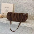 Dark brown suede cloud bag with pleated texture and silver studs on a stylish shoulder strap - Leather Strap Style / Brown