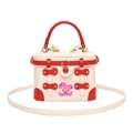 Borsa a mano box crema con manici rossi, stampa con coniglio rosa e fiocco per donna - Rosso