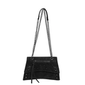 Black moto-style hourglass crossbody bag with vintage rivets and metal chain strap - Black