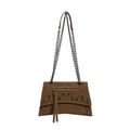 Brown hourglass motorcycle shoulder bag with metal studs, chain strap and long tassels - Brown