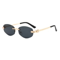 Modern rimless sunglasses with grey lenses and gold leopard head detail on the metal arms - Gold Frame Grey Lens (C01)