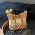 Bolso tote de paja tejida a rayas con asas de cuero marrón y adorno de borla decorativa - Correa de Cuero Bloque de Color Borla / Marrón