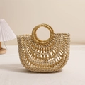 Chic hollow semi-circle straw tote bag with round handles for beach vacations - Gold (Pinse Loukong Yuandou Jinse)