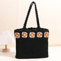 Black cotton woven tote bag with colorful sunflower patterns and crochet handle - Black Floral Style