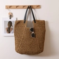Grande borsa tote in paglia marrone naturale con manici in pelle nera per spiaggia estiva - Marrone (Grande Borsa a Colonna Incassata)
