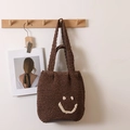 Borsa tote in maglia marrone scuro con motivo smiley bianco per stile da spiaggia - Doppio Manico Smiley-Marrone