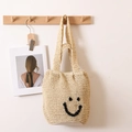 Borsa tote in cotone beige intrecciato con ricamo sorriso nero per vacanze al mare - Doppio Manico Smiley-Beige