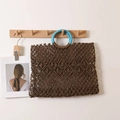Square woven straw tote bag with round handles and diamond cutout pattern for beach beach vacation - Blue Handle Paper Rope with Lining