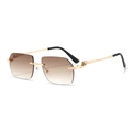 Frameless geometric sunglasses with leopard head metal temples and gradient brown lenses - Gold Frame Gradient Brown Lens