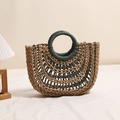 Borsa a mano in paglia a semicerchio traforata in tonalità marrone scuro e verde - Contrasto Verde (Pinse Loukong Yuandou Lv)