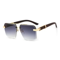 Classic rectangle frameless sunglasses with grey gradient lenses and wood grain temples - Gold Frame Double Grey Lens