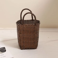 Brown woven basket handbag with dual top handles for beach or casual summer style - Brown