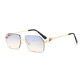 Rimless gradient lens sunglasses with gold cheetah emblem and metal temples - Gold Blue Brown