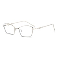 Silver polygonal metal sunglasses with geometric cat-eye frame and bamboo texture temples - Silver Frame Clear Lens