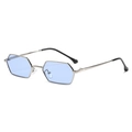 Detailed macro view of retro hexagonal metal frame with light blue gradient sunglasses lenses - Silver Frame Blue Lens (C02)