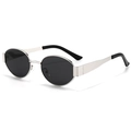 Retro oval metal sunglasses with silver frames and dark black lenses in a stylish design - Silver Frame Grey Lens