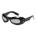 Punk Y2K streamlined sunglasses with glossy black frames and gold triangle detail - Glossy Black Frame Silver Mirror Lens