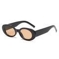 Retro oval sunglasses with black frames and light brown lenses at a 45-degree angle - Black Frame Tea Lens