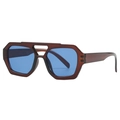 Brown translucent geometric sunglasses with blue lenses and double bridge design - Brown Frame Blue