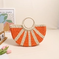 Handmade semicircular straw woven handbag with orange stripes and round handles - Dual-color Patchwork (with Lining) Orange