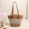 Bolso capazo grande de paja a rayas con asas de cuero para playa o vacaciones verano - Beige a Rayas