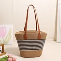 Bolso de paja a rayas con asas de cuero marrón para vacaciones de playa de verano - Rayas Finas Negras