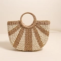 Borsa a mano a semicerchio in paglia a righe con filo dorato e manici rotondi - Filo Dorato Intrecciato Caffè (Con Fodera)