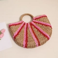Borsa a mano a semicerchio in paglia con fili dorati e strisce rosa e rosse per mare - Filo Dorato Intrecciato Rosso Rosa (Con Fodera)