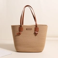 Woven cotton shoulder tote bag with brown leather handles and decorative knots for beach vacation - Coffee