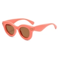 Retro thick coral pink oval sunglasses with brown lenses and golden metal stud accents - Coral Pink Frame Brown Lens