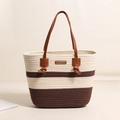 Striped woven cotton tote bag with brown leather handles and decorative knots for beach vacations - Beige & Brown Striped