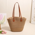 Bolso tote de paja color caqui hecho a mano con asas de cuero marrón y gran tamaño - Color liso