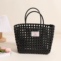 Chic black hollow-out woven plastic tote bag for beach vacation and casual shopping - Black