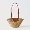 Bolso tote de paja natural con ribete de cuero PU marrón para vacaciones en la playa - Estilo de Paja Triangular con Tapa de Cuero (Con Interior)